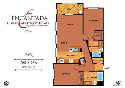 Floor plan for 2 beds, 2 baths, 1152 sqft